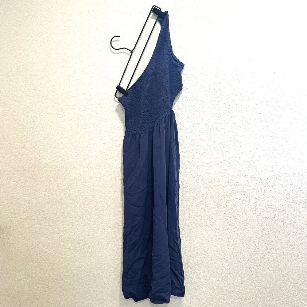 Anrabess Blue One Shoulder Smocked Midi Dress Size S